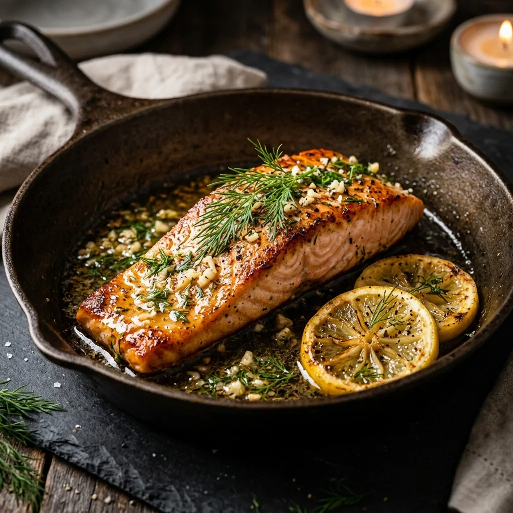 Pan-Seared Garlic Herb Salmon served with asparagus
